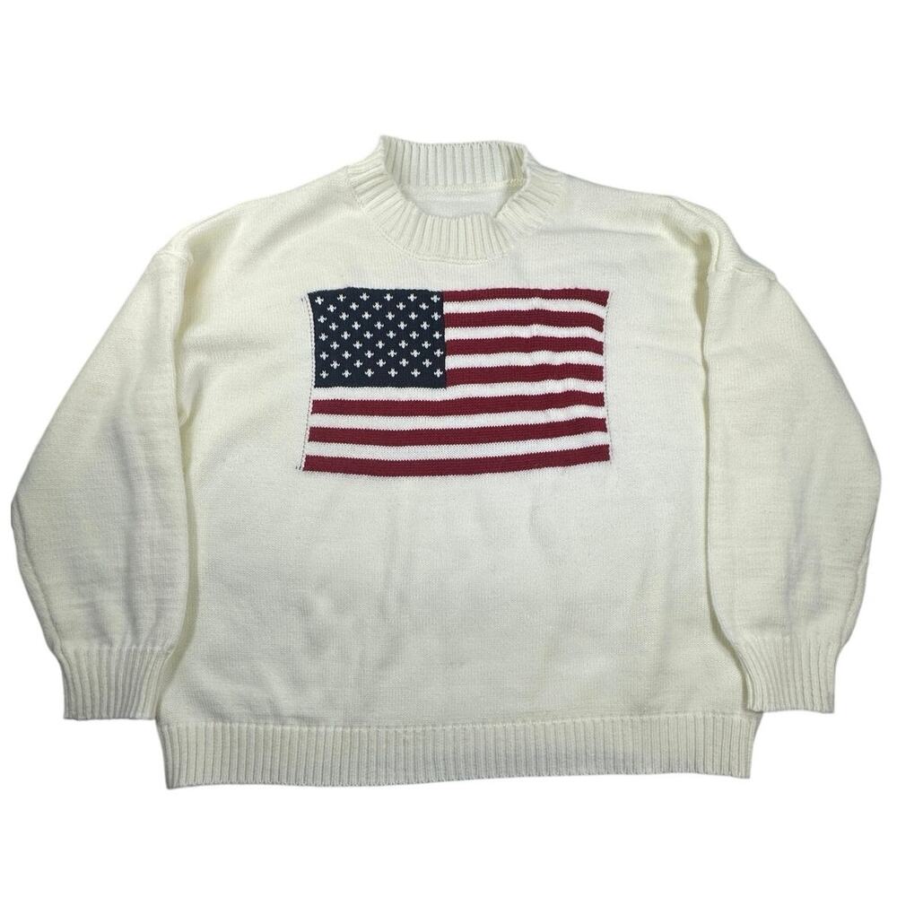 Americana Knit Sweater Medium Cream USA Flag Crewneck Oversized Soft Cozy⁠